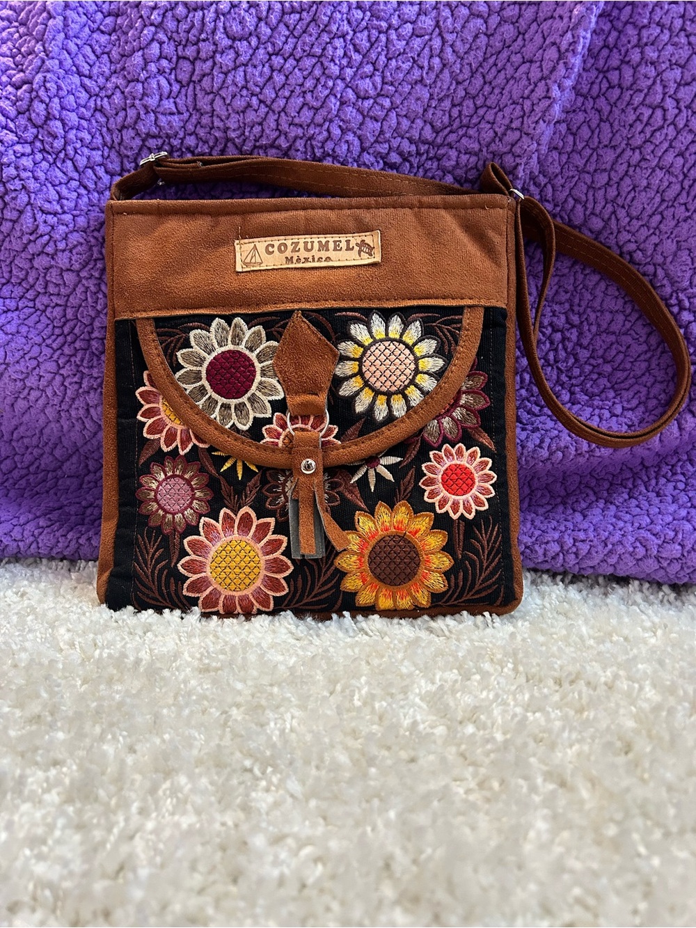 Embroidered Floral & Faux Suede Crossbody Bag